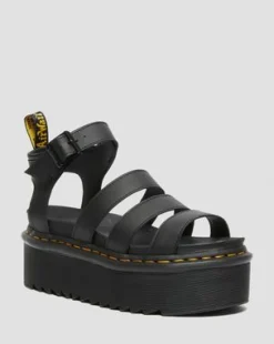 Blaire Quad Hydro Leather Platform Gladiator Sandals in Musta