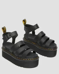 Blaire Quad Hydro Leather Platform Gladiator Sandals in Musta