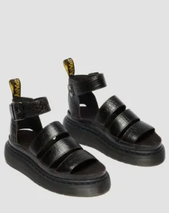 Clarissa Strap Croc Embossed Leather Quad -sandaalit in Tummanruskea