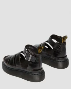 Clarissa Strap Croc Embossed Leather Quad -sandaalit in Tummanruskea