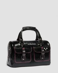 Top Handle Distressed Patent Leather Bag in Musta
