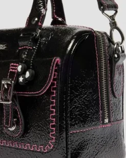 Top Handle Distressed Patent Leather Bag in Musta